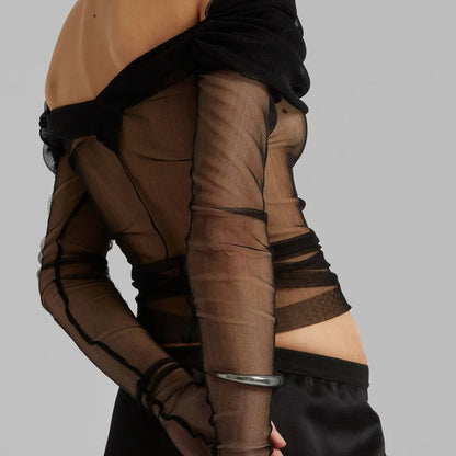 Milan Ruched Sheer Mesh Off-Shoulder Crop Top with Draped Long Sleeves