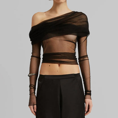 Milan Ruched Sheer Mesh Off-Shoulder Crop Top with Draped Long Sleeves
