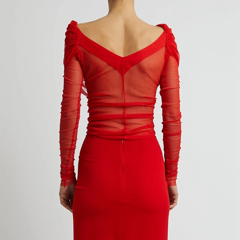 Milan Ruched Sheer Mesh Off-Shoulder Crop Top with Draped Long Sleeves
