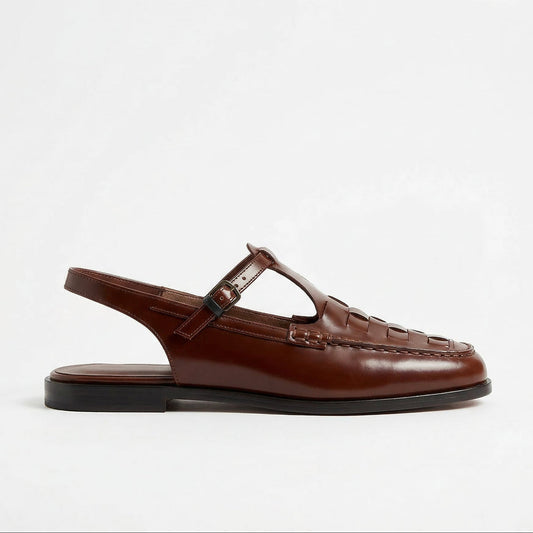 Milan Woven Leather Slingback Sandals with T-Bar Strap and Flat Heel