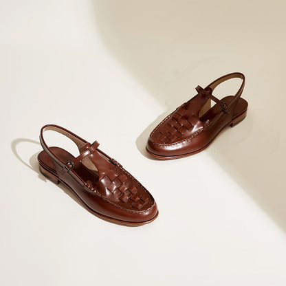 Milan Woven Leather Slingback Sandals with T-Bar Strap and Flat Heel