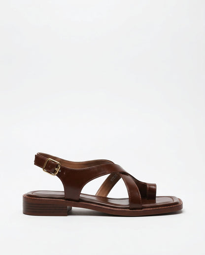 Mira Leather Toe Loop Crisscross Flat Sandals with Slingback Ankle Buckle