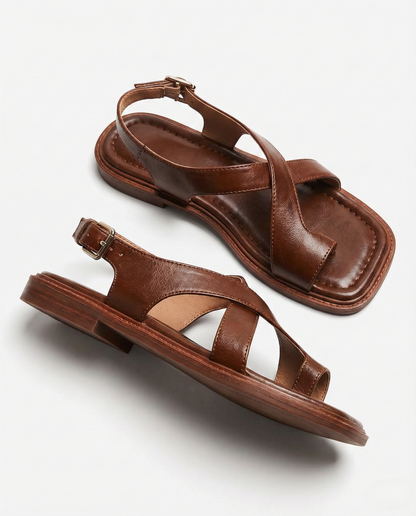 Mira Leather Toe Loop Crisscross Flat Sandals with Slingback Ankle Buckle