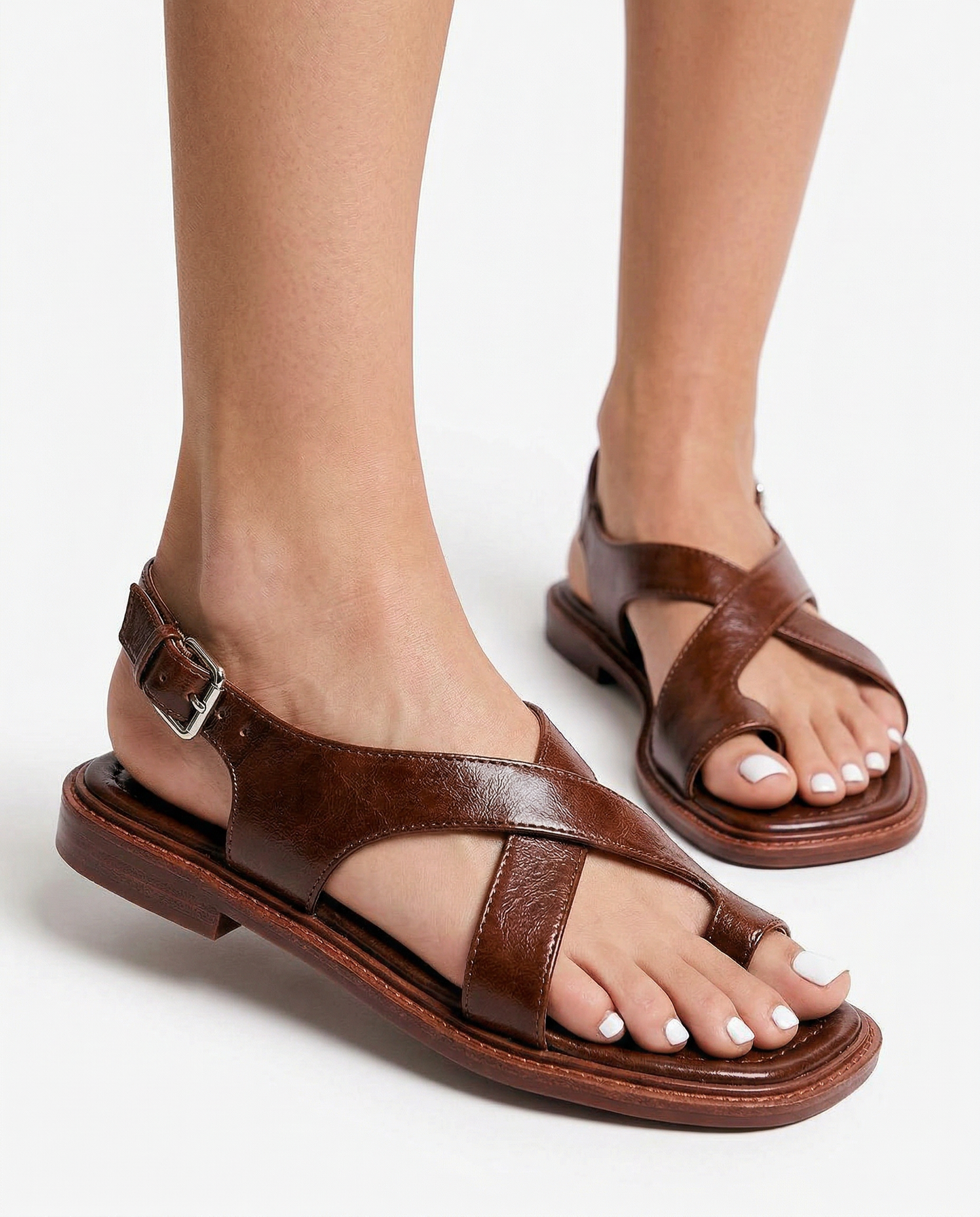 Mira Leather Toe Loop Crisscross Flat Sandals with Slingback Ankle Buckle