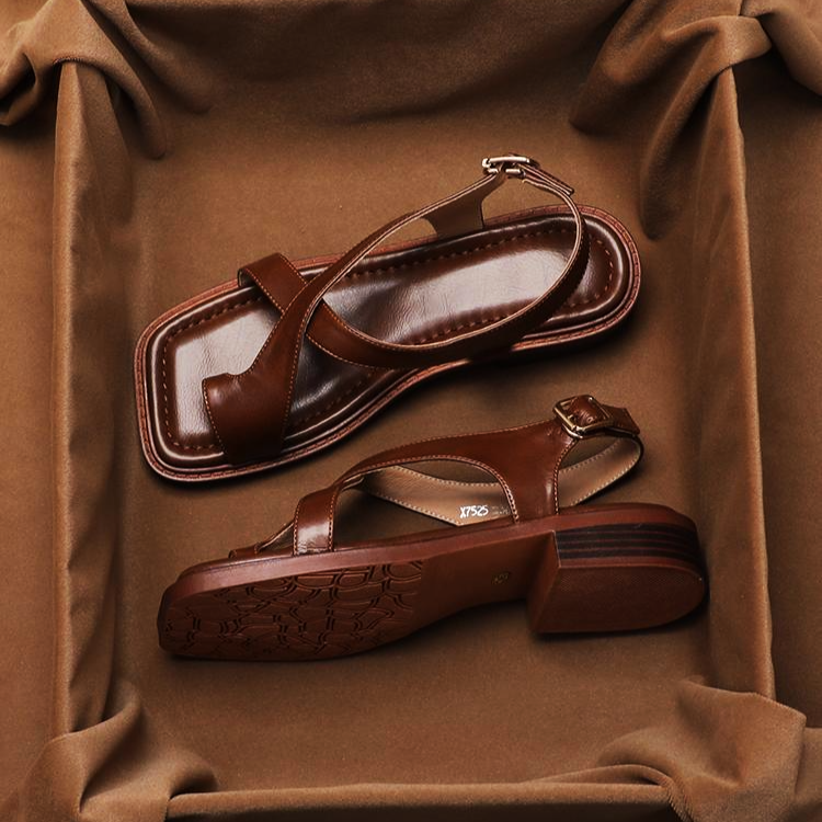 Mira Leather Toe Loop Crisscross Flat Sandals with Slingback Ankle Buckle