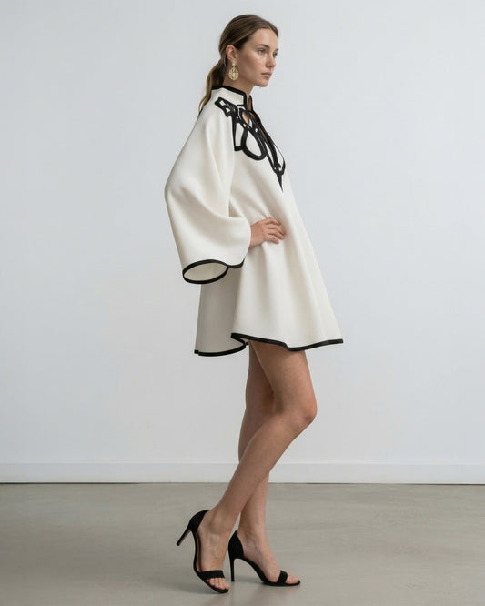 Portofino Embroidered Mini Dress with Corded Soutache Detail and Bell Sleeves