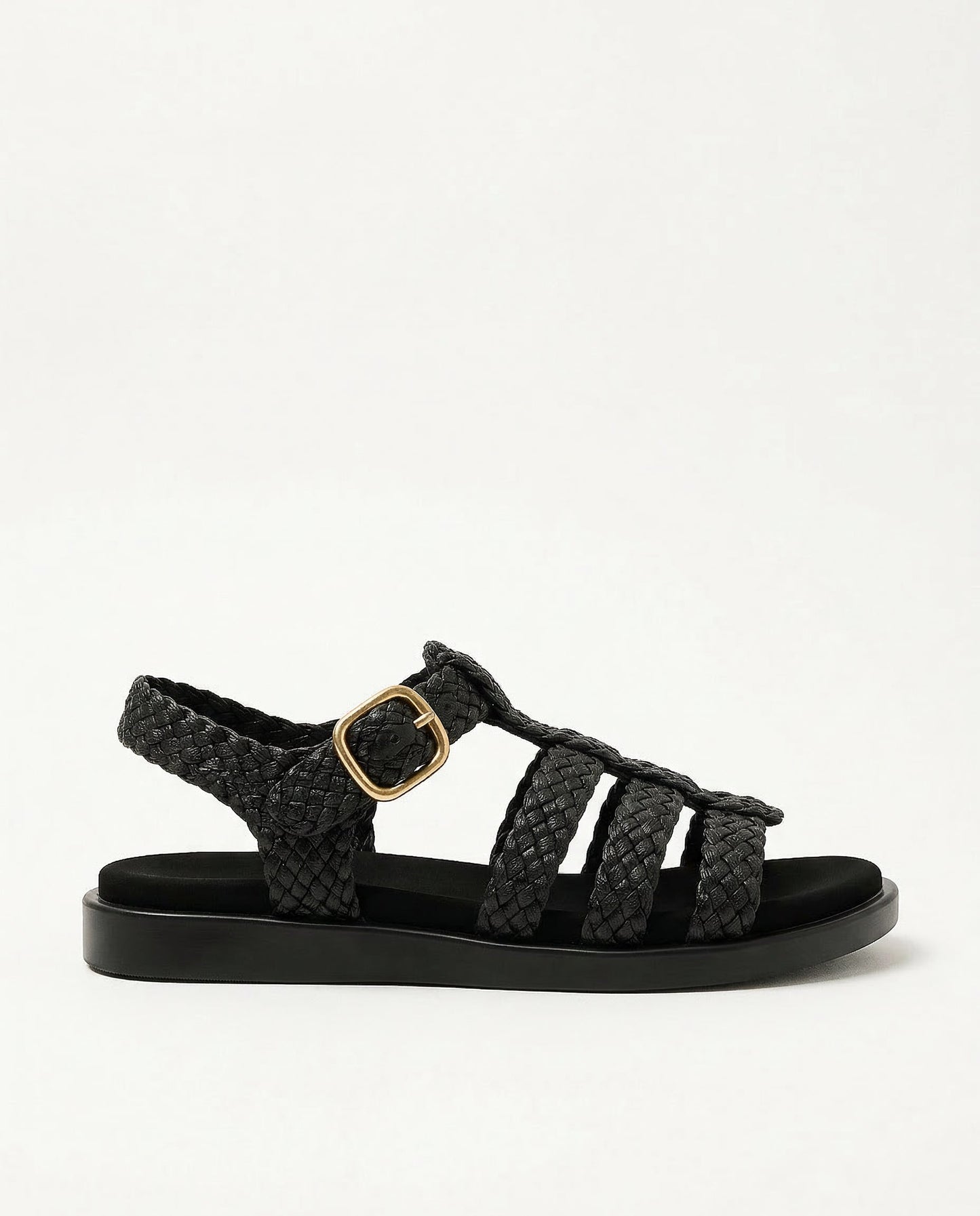 Riven Boho Woven Braided Caged Flat Sandals with Gold Buckle Ankle Strap