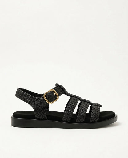 Riven Boho Woven Braided Caged Flat Sandals with Gold Buckle Ankle Strap