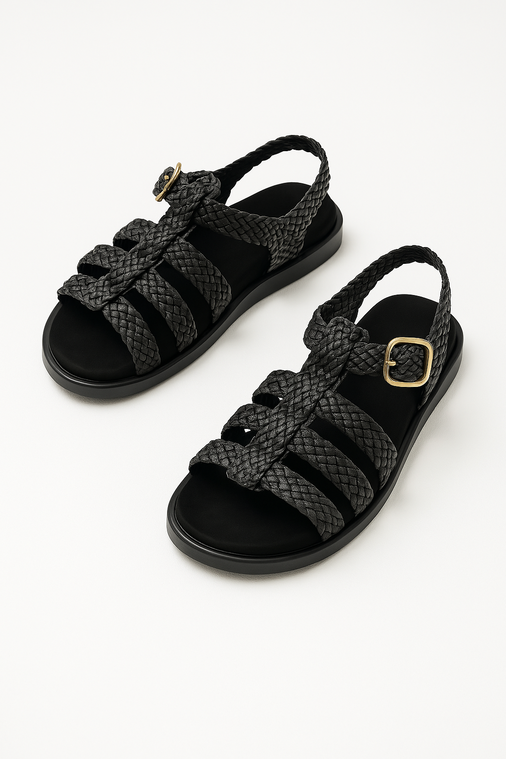 Riven Boho Woven Braided Caged Flat Sandals with Gold Buckle Ankle Strap