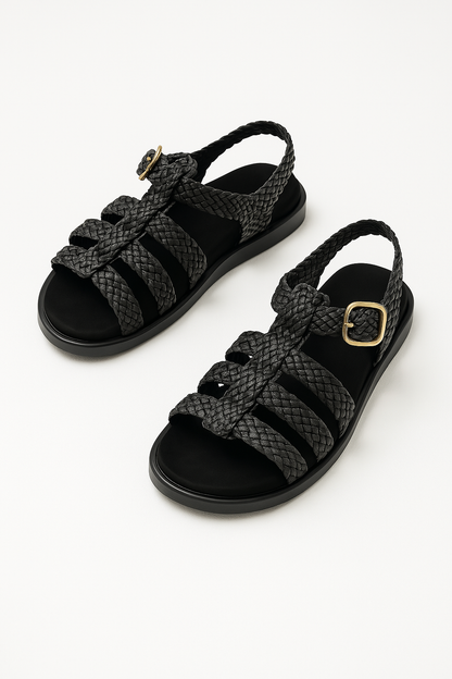 Riven Boho Woven Braided Caged Flat Sandals with Gold Buckle Ankle Strap