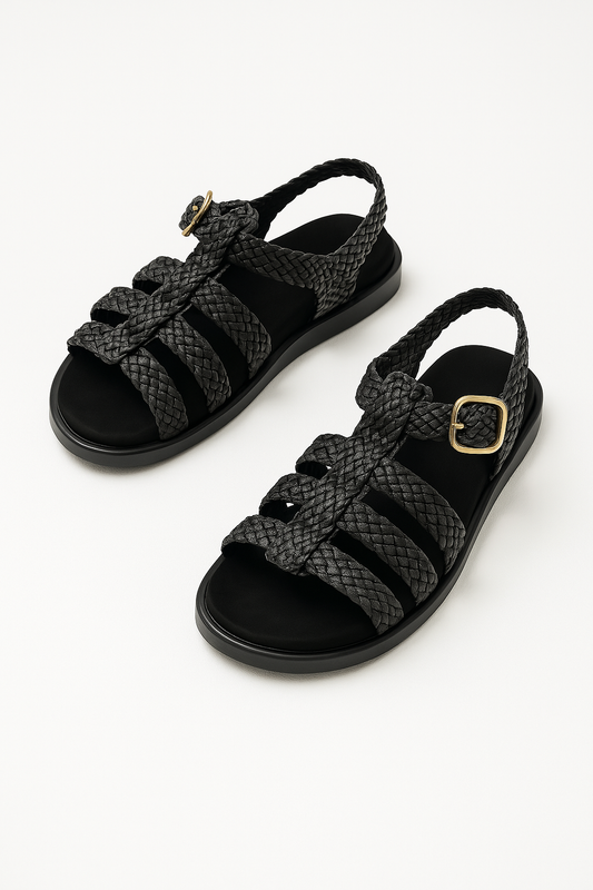 Riven Boho Woven Braided Caged Flat Sandals with Gold Buckle Ankle Strap