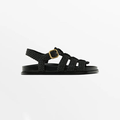 Riven Boho Woven Braided Caged Flat Sandals with Gold Buckle Ankle Strap