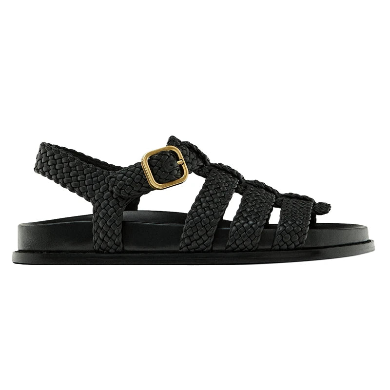 Riven Boho Woven Braided Caged Flat Sandals with Gold Buckle Ankle Strap