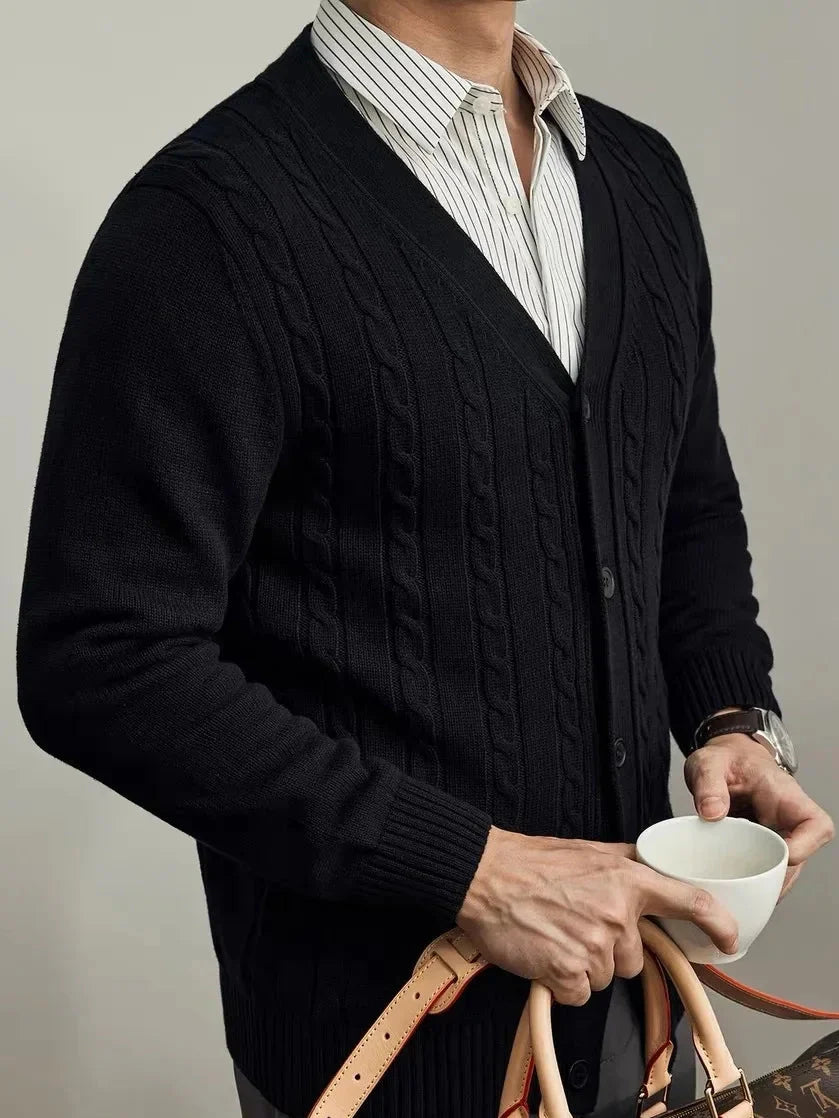 Avellino Cable Knit Cardigan with Vertical Cable Pattern and Deep V Neckline