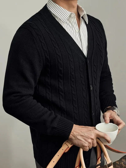Avellino Cable Knit Cardigan with Vertical Cable Pattern and Deep V Neckline