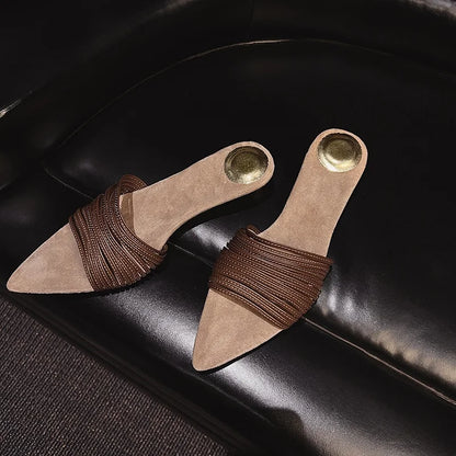 Veloria Pleated Leather Strap Mules with Pointed Toe and Kitten Heel