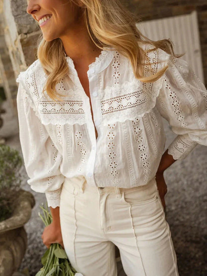 Bohemian Eyelet Embroidered Long Sleeve Blouse with Scalloped Edge Finish