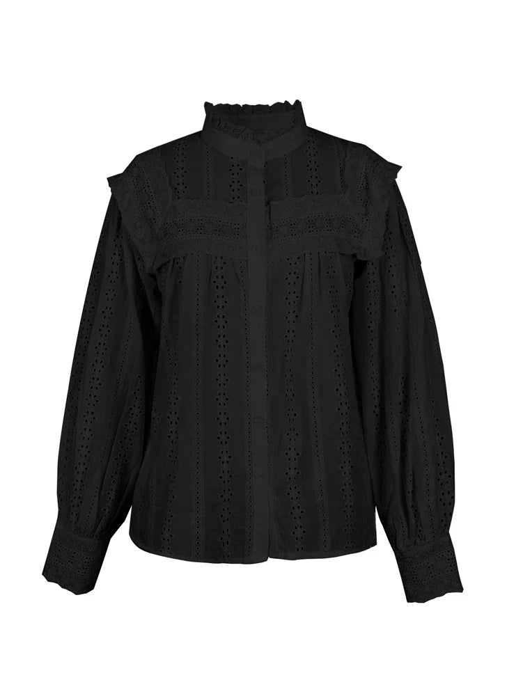 Bohemian Eyelet Embroidered Long Sleeve Blouse with Scalloped Edge Finish