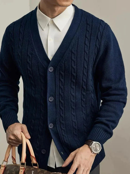 Avellino Cable Knit Cardigan with Vertical Cable Pattern and Deep V Neckline