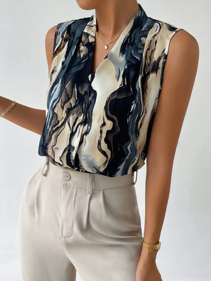 Verona Marmora Sleeveless V-Neck Blouse with Abstract Marble Print Design