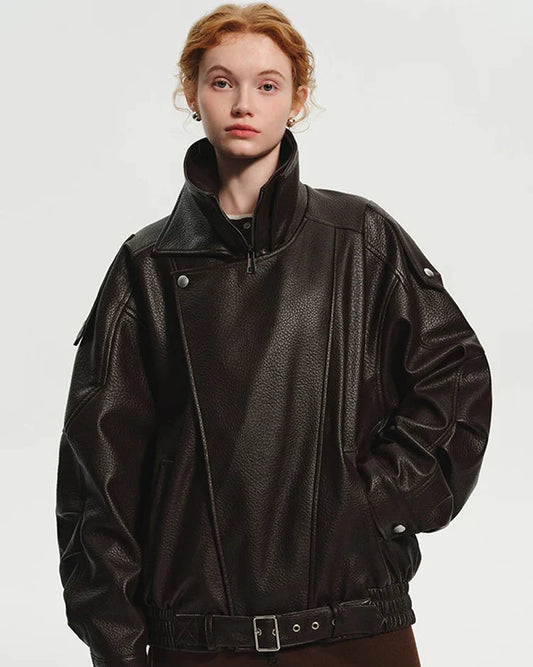 Oversized Aviator Leather Jacket featuring Pebbled Texture and Cinched Belt