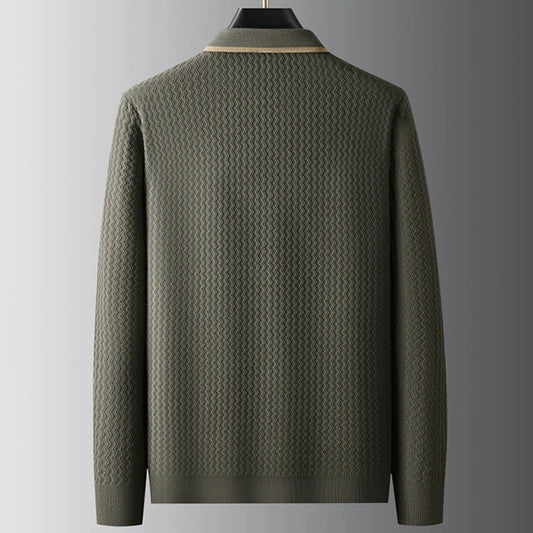 Corsa Long Sleeve Knit Zip Polo with Ripple Knit Pattern and Contrast Collar Trim