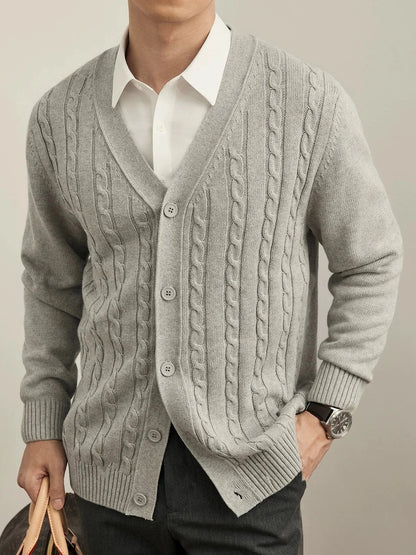 Avellino Cable Knit Cardigan with Vertical Cable Pattern and Deep V Neckline