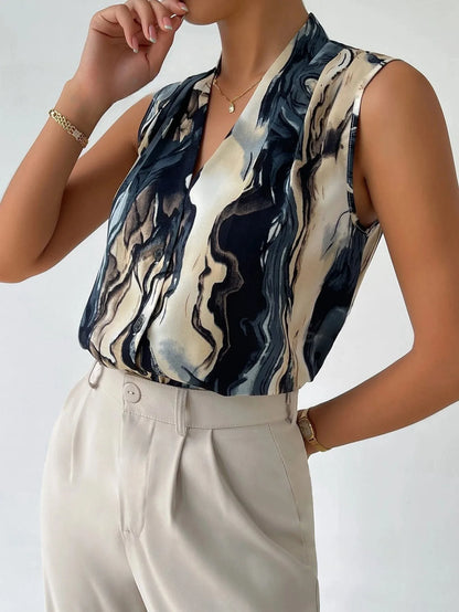 Verona Marmora Sleeveless V-Neck Blouse with Abstract Marble Print Design