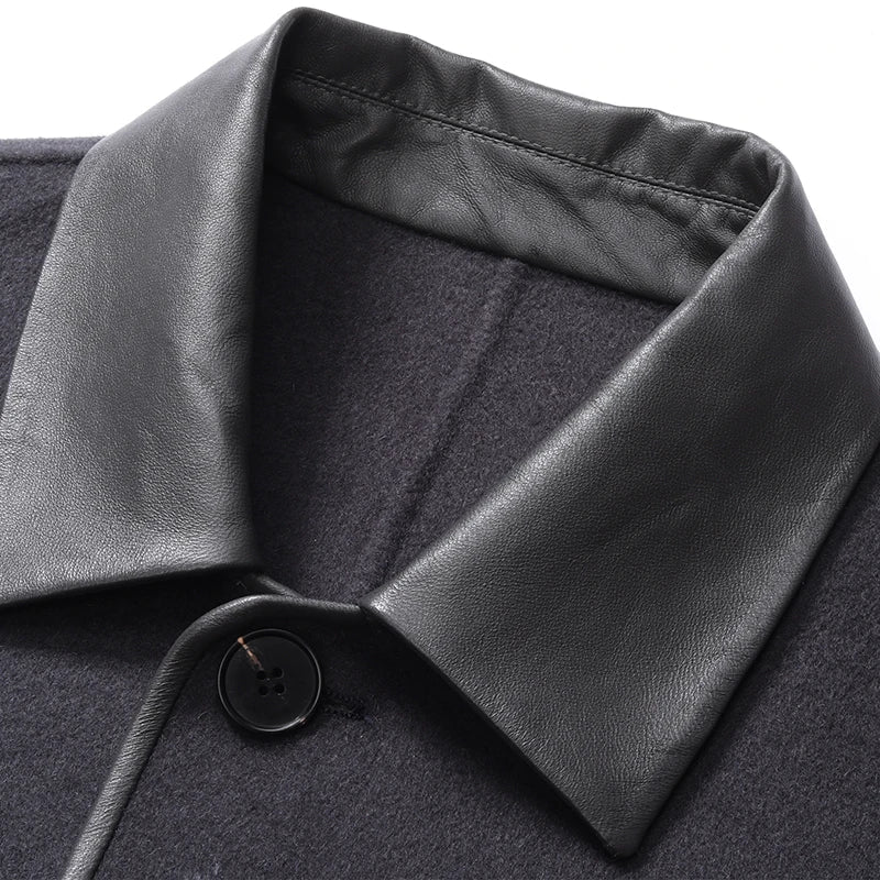 Vienna Longline Wool Coat, Contrast Leather Collar Trim and Slash Pockets