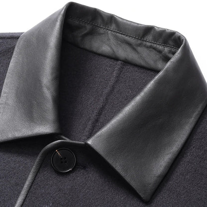 Vienna Longline Wool Coat, Contrast Leather Collar Trim and Slash Pockets