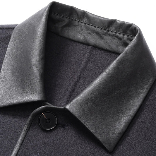 Vienna Longline Wool Coat, Contrast Leather Collar Trim and Slash Pockets