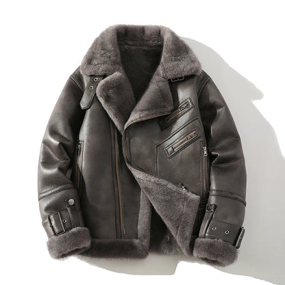 Airfield Suede Shearling Aviator Jacket with Wide Lapel and Buckle Cuffs