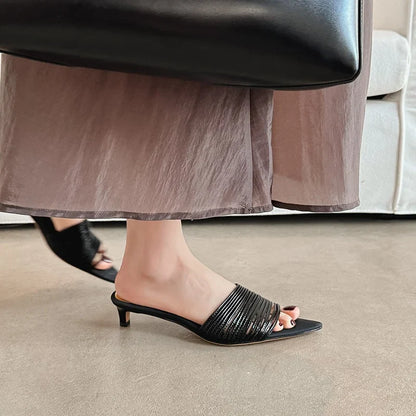 Veloria Pleated Leather Strap Mules with Pointed Toe and Kitten Heel