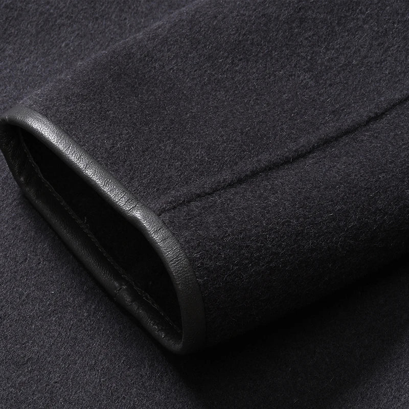 Vienna Longline Wool Coat, Contrast Leather Collar Trim and Slash Pockets