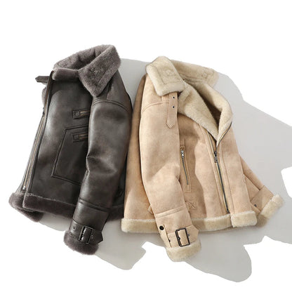 Airfield Suede Shearling Aviator Jacket with Wide Lapel and Buckle Cuffs