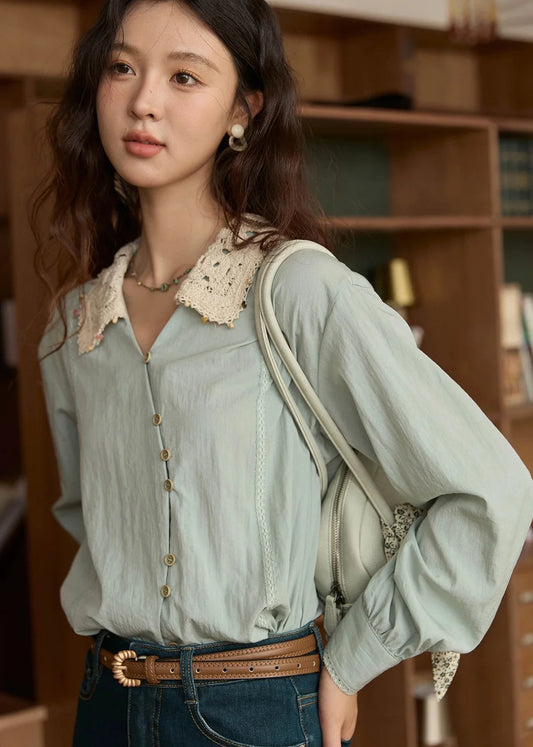 Norie Vintage Crochet Collar Button Down Blouse with Long Puff Sleeves