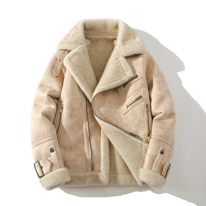 Airfield Suede Shearling Aviator Jacket with Wide Lapel and Buckle Cuffs