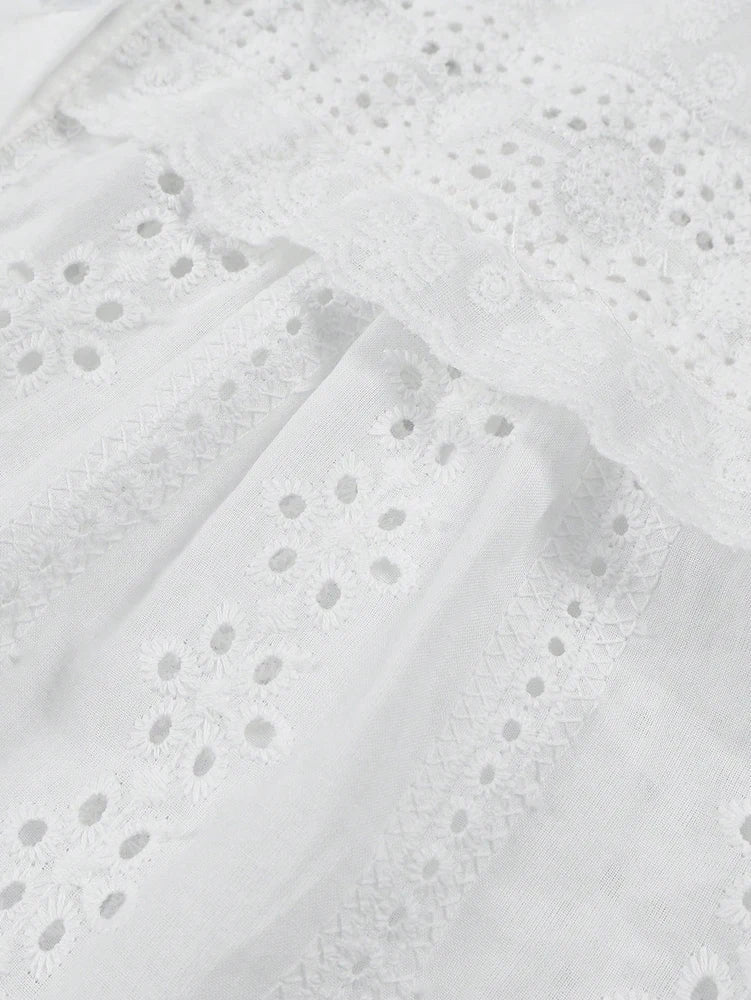 Bohemian Eyelet Embroidered Long Sleeve Blouse with Scalloped Edge Finish