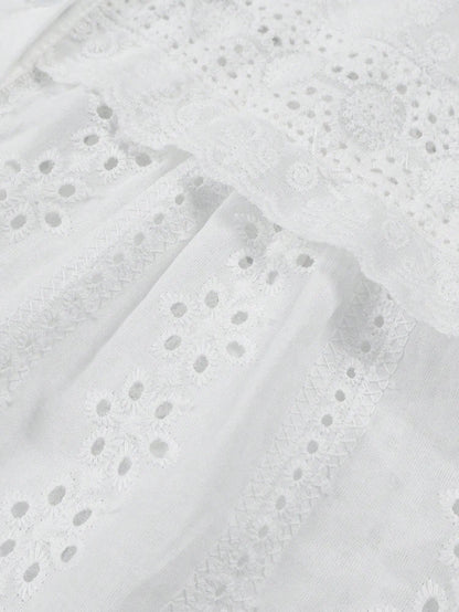 Bohemian Eyelet Embroidered Long Sleeve Blouse with Scalloped Edge Finish