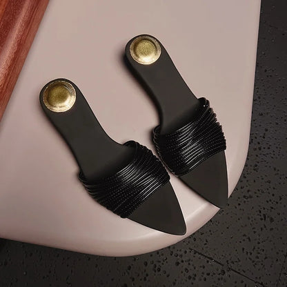 Veloria Pleated Leather Strap Mules with Pointed Toe and Kitten Heel