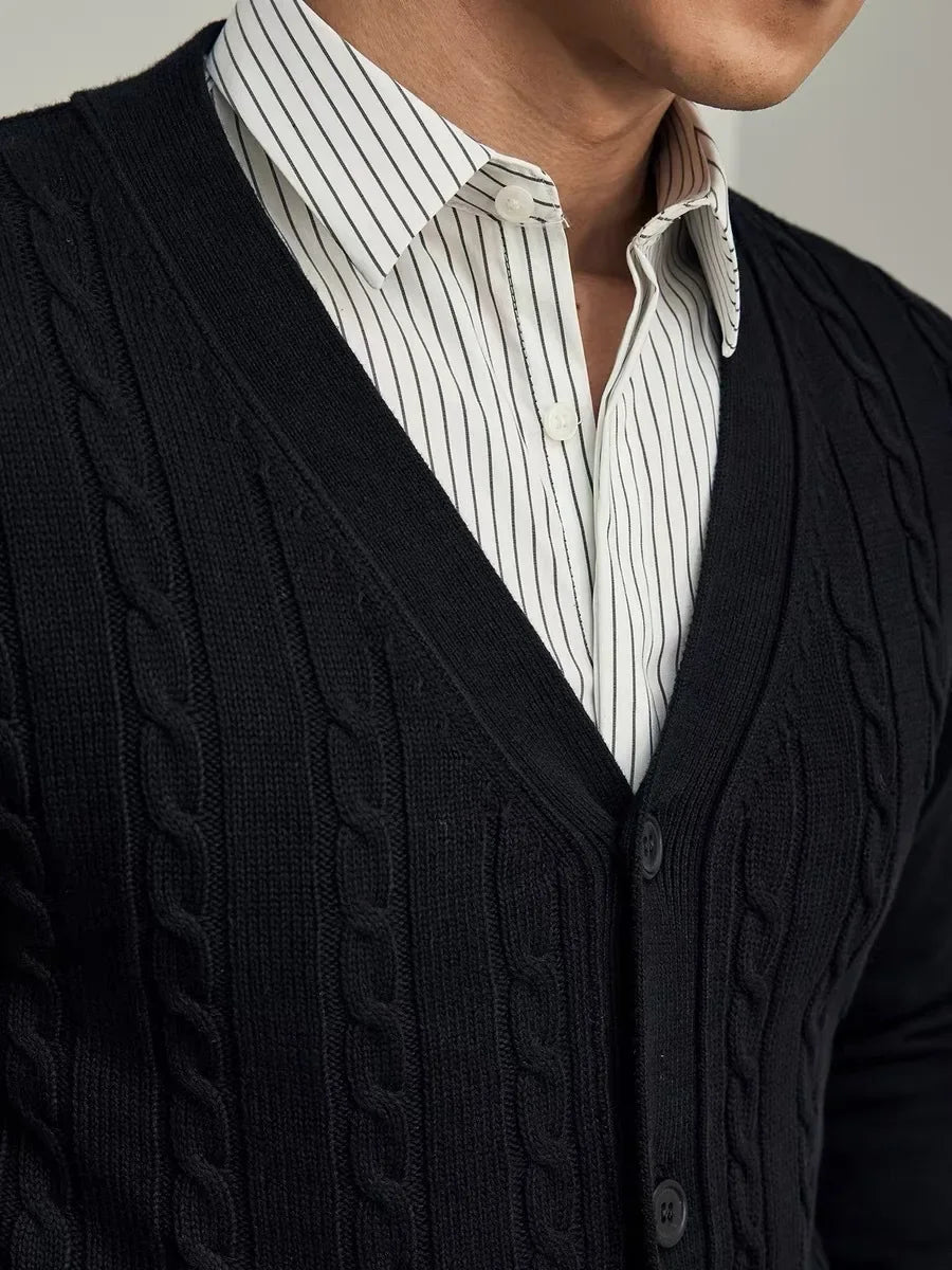 Avellino Cable Knit Cardigan with Vertical Cable Pattern and Deep V Neckline