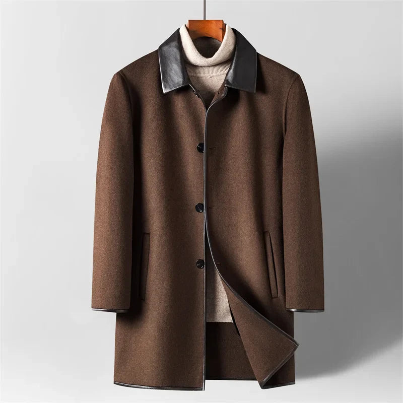 Vienna Longline Wool Coat, Contrast Leather Collar Trim and Slash Pockets
