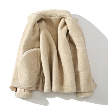 Airfield Suede Shearling Aviator Jacket with Wide Lapel and Buckle Cuffs