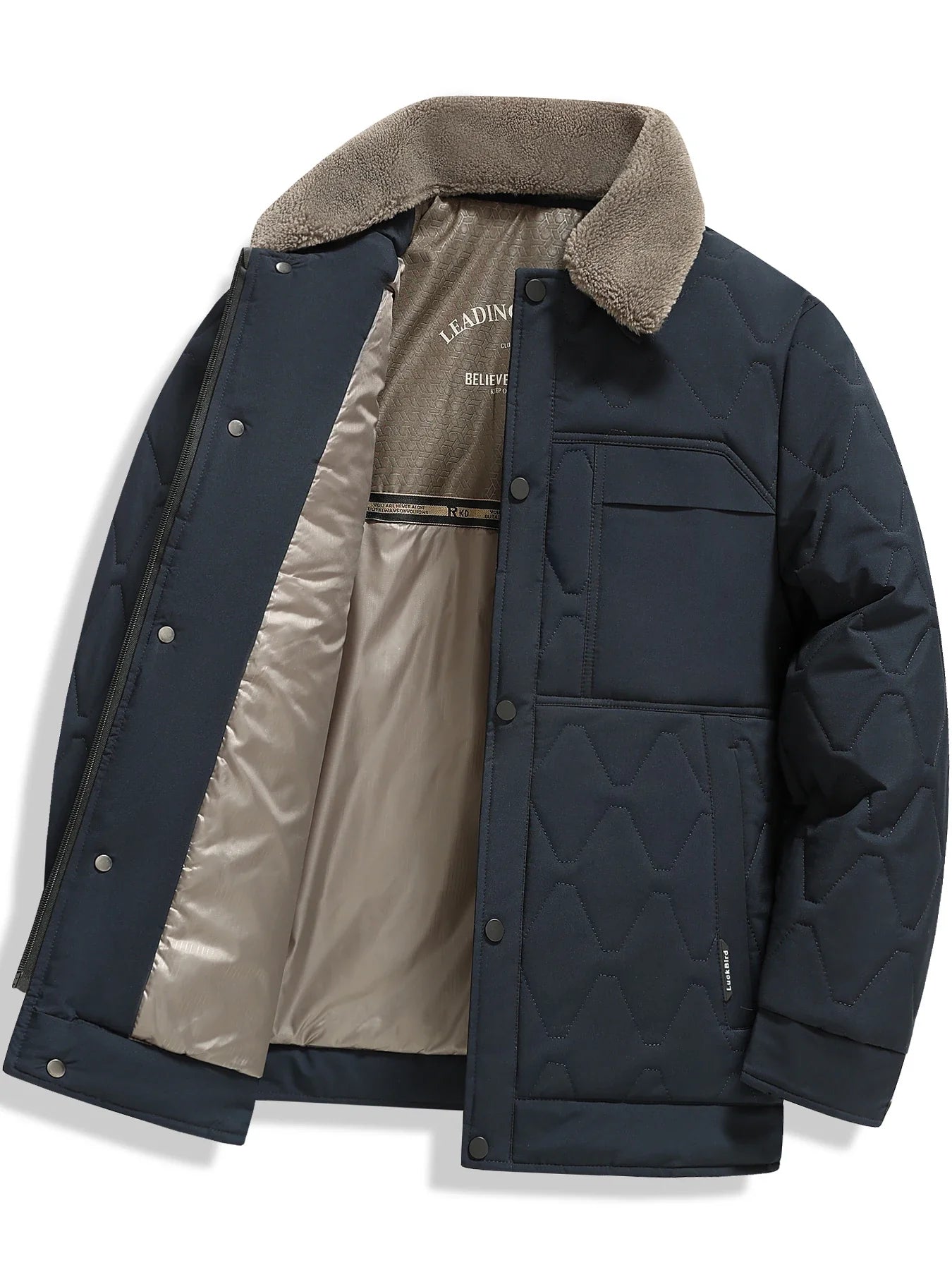 Utility Quilted Sherpa Collared Jacket with Ripple Quilt Shell and Satin Interior