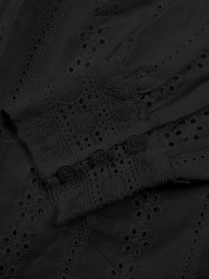 Bohemian Eyelet Embroidered Long Sleeve Blouse with Scalloped Edge Finish