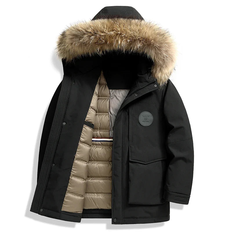 Tundra Down Parka Fur-Trim Hood with Quilted Down Vest Lining and Snap Placket