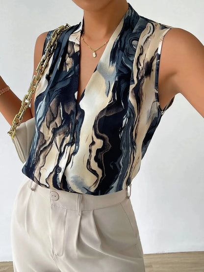 Verona Marmora Sleeveless V-Neck Blouse with Abstract Marble Print Design