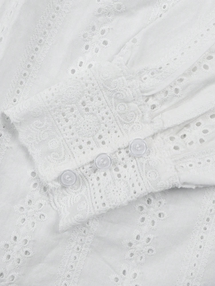Bohemian Eyelet Embroidered Long Sleeve Blouse with Scalloped Edge Finish