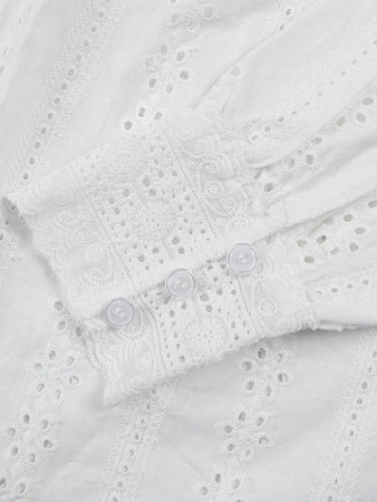 Bohemian Eyelet Embroidered Long Sleeve Blouse with Scalloped Edge Finish