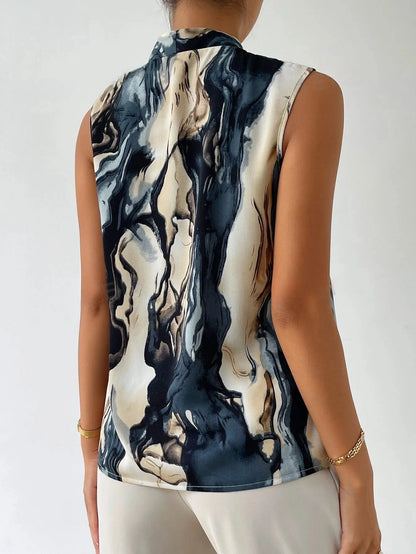 Verona Marmora Sleeveless V-Neck Blouse with Abstract Marble Print Design